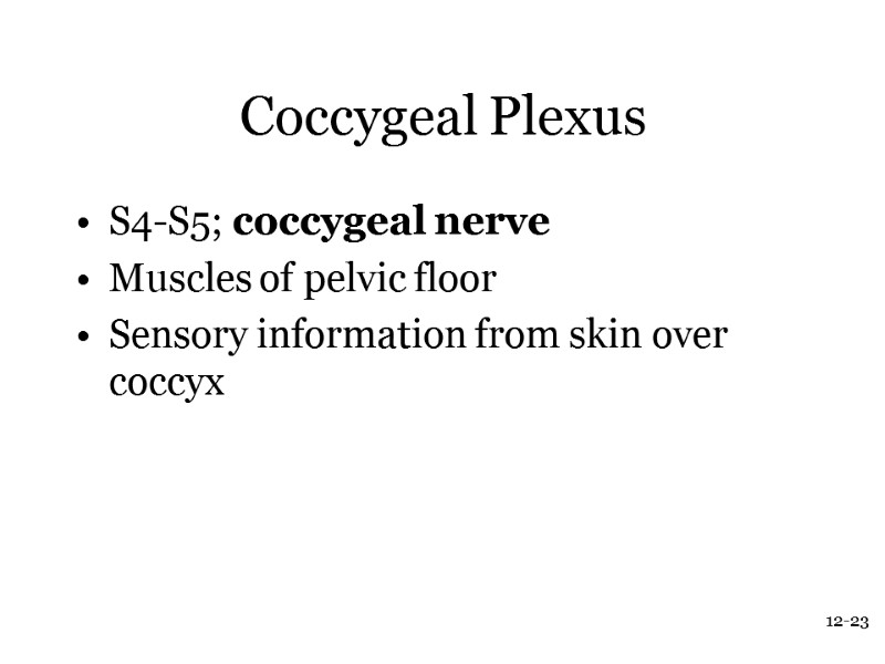 12-23 Coccygeal Plexus S4-S5; coccygeal nerve Muscles of pelvic floor Sensory information from skin